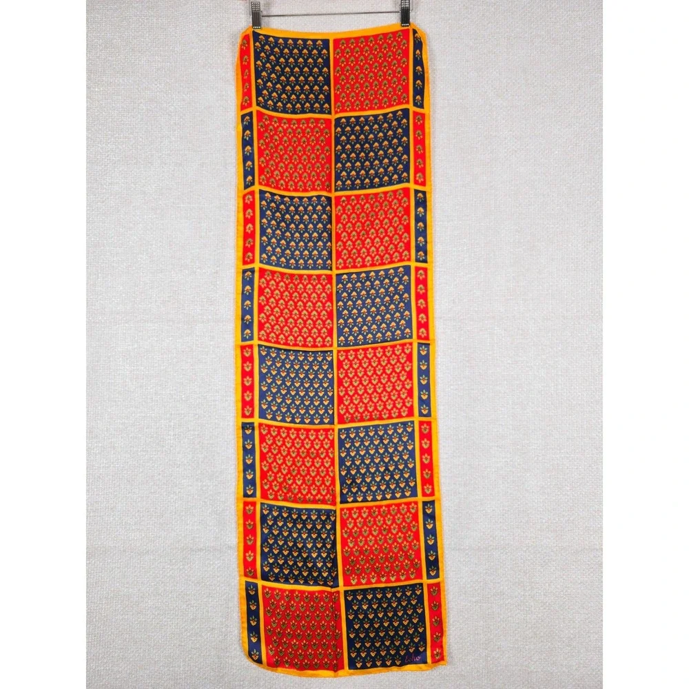 Echo Vintage 100% Pure Silk Scarf Red Navy Blue Yellow Floral Grid Made in Japan